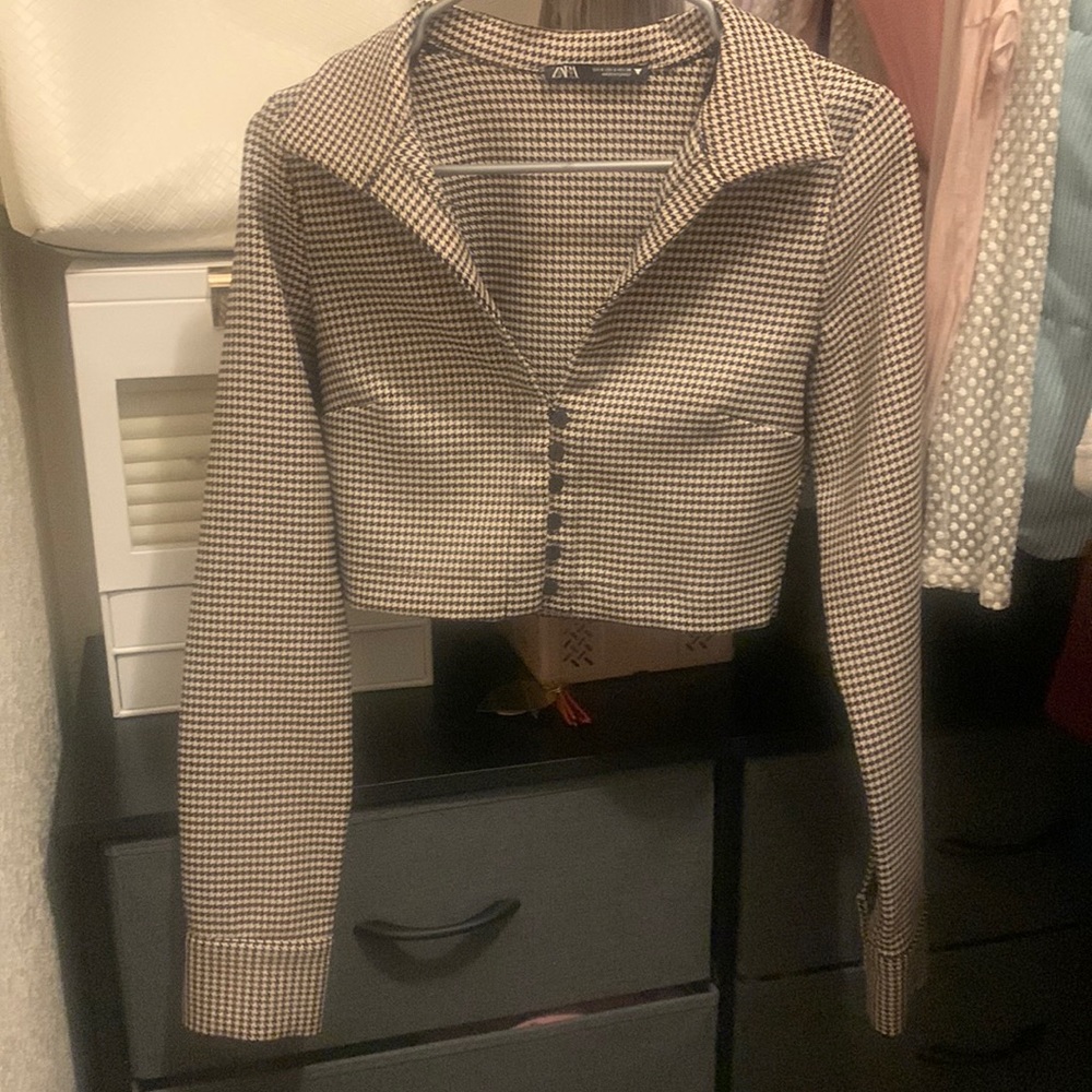 ZARA CROP HOUNDSTOOTH FITTED BLAZER SIZE S